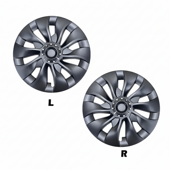 Matte black aero hubcap with turbine-style spokes, marked L and R