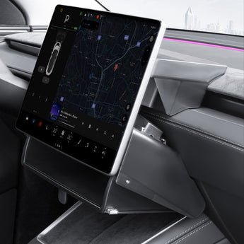 Installed under-screen storage organizer with tray extended in car center console