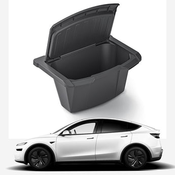 Rear center console storage box with open flip lid, dark gray/black plastic