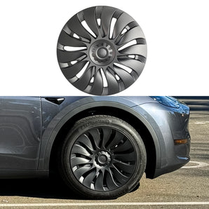 Standalone 19-inch turbine wheel cover in dark black with circular center cap