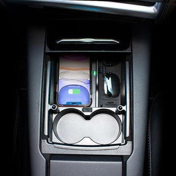 Black charging organizer with phone cradle, cable area, and cup holder insert