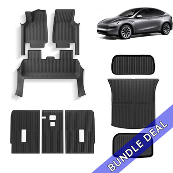 Black all-weather floor mat pieces with ribbed texture and raised channels for coverage