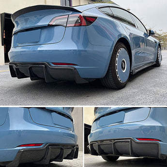 Matte carbon fiber rear diffuser with integrated trim for Tesla Model 3
