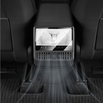 Front view of rear seat display protective cover with clear screen window and grille