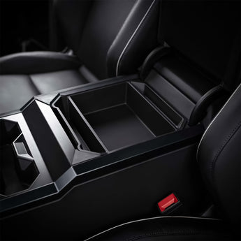 Center armrest storage box, dark gray organizer tray with segmented compartments