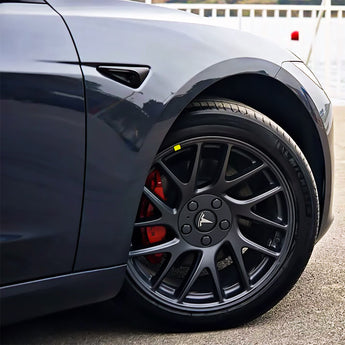 Wheel with dark multi-spoke rim, circular center cap emblem, and brake caliper visible