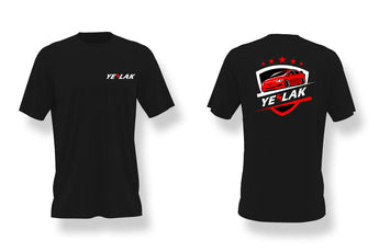 Black unisex cotton T-shirt with front chest logo and back red car graphic