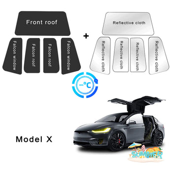Reflective front roof sunshade kit with reflective cloth panels for Model X