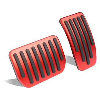 Red brake and accelerator pedal covers with raised vertical grip ridges