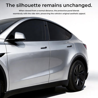 Low-profile rocker panel guards on Tesla Model YL preserving the factory side profile