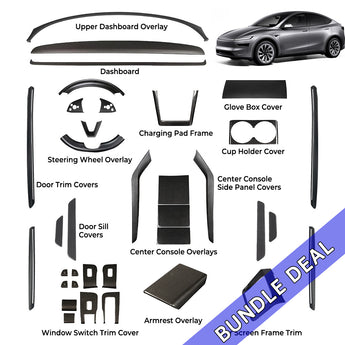 Carbon fiber interior trim pieces set, including dashboard, door, console, and armrest overlays