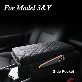 Black quilted console armrest cover cushion with side pocket opening
