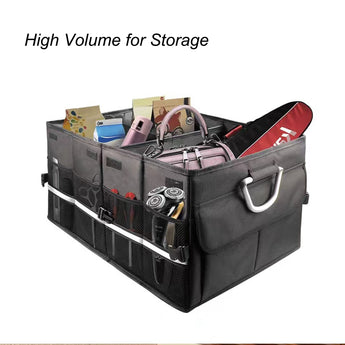 Black trunk organizer with multiple compartments and zip front panel, large carry handles