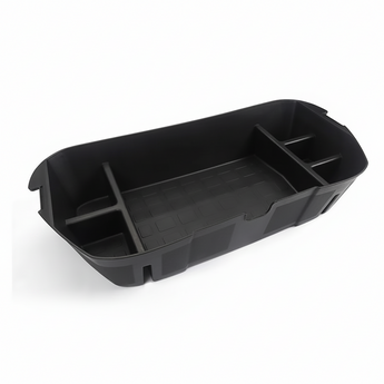 Front trunk storage tray insert with raised sides and divider channels, black