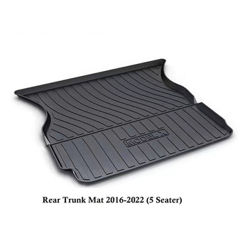 Black TPE rear trunk mat with ribbed grooves and molded Model X badge