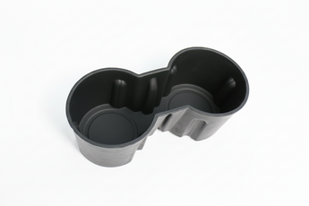 Cup holder insert, two cup wells with central divider, black interior and gray sides