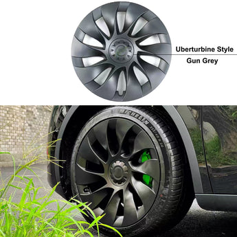 Gun grey wheel cover with induction-center spokes, close-up on mounted wheel