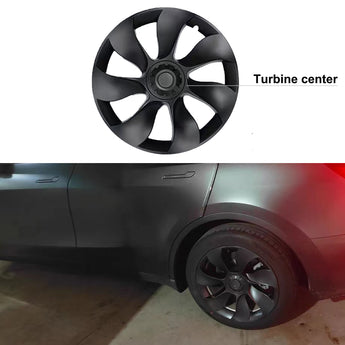 Black wheel rim cover with turbine center spokes on car wheel