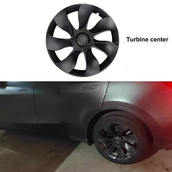 Dark wheel cover with turbine center spokes on a car wheel