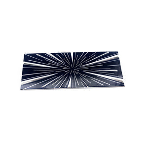 Rectangular 3D alloy badge with blue starburst rays and silver trim border