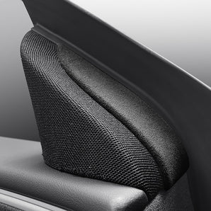Alcantara front door tweeter trim cover, charcoal strip detail