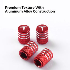 Set of red aluminum valve stem caps with knurled texture