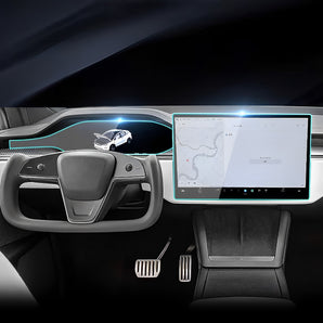 Dashboard touchscreen covered by tempered glass protector with blue edge glow
