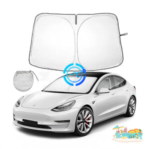Windshield sunshade set with two panels and matching storage pouch, on vehicle