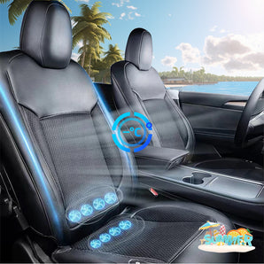 Black ventilated cooling seat cushion pad with blue airflow lights on car seats