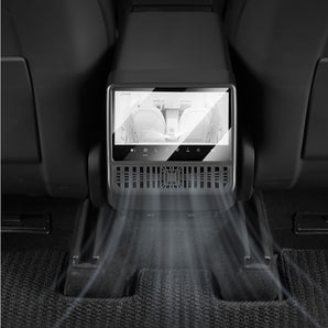 Front view of rear seat display protective cover with clear screen window and grille