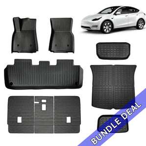 Set of 9-piece car floor mats and liners in black rubber, shown laid out flat