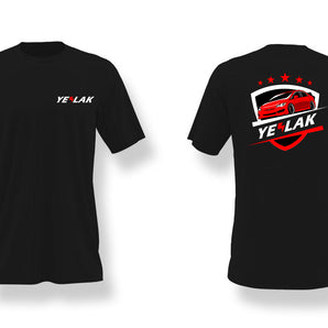 Black unisex cotton T-shirt with front chest logo and back red car graphic