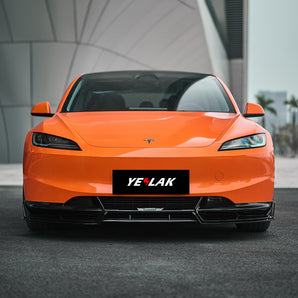 Tesla Model 3 Highland Battle Edition Full Body Kit 2024+, installed front lip, side skirt, rear diffuser & spoiler, side view