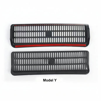 Set of two black under-seat vent covers with red trim and slotted grille